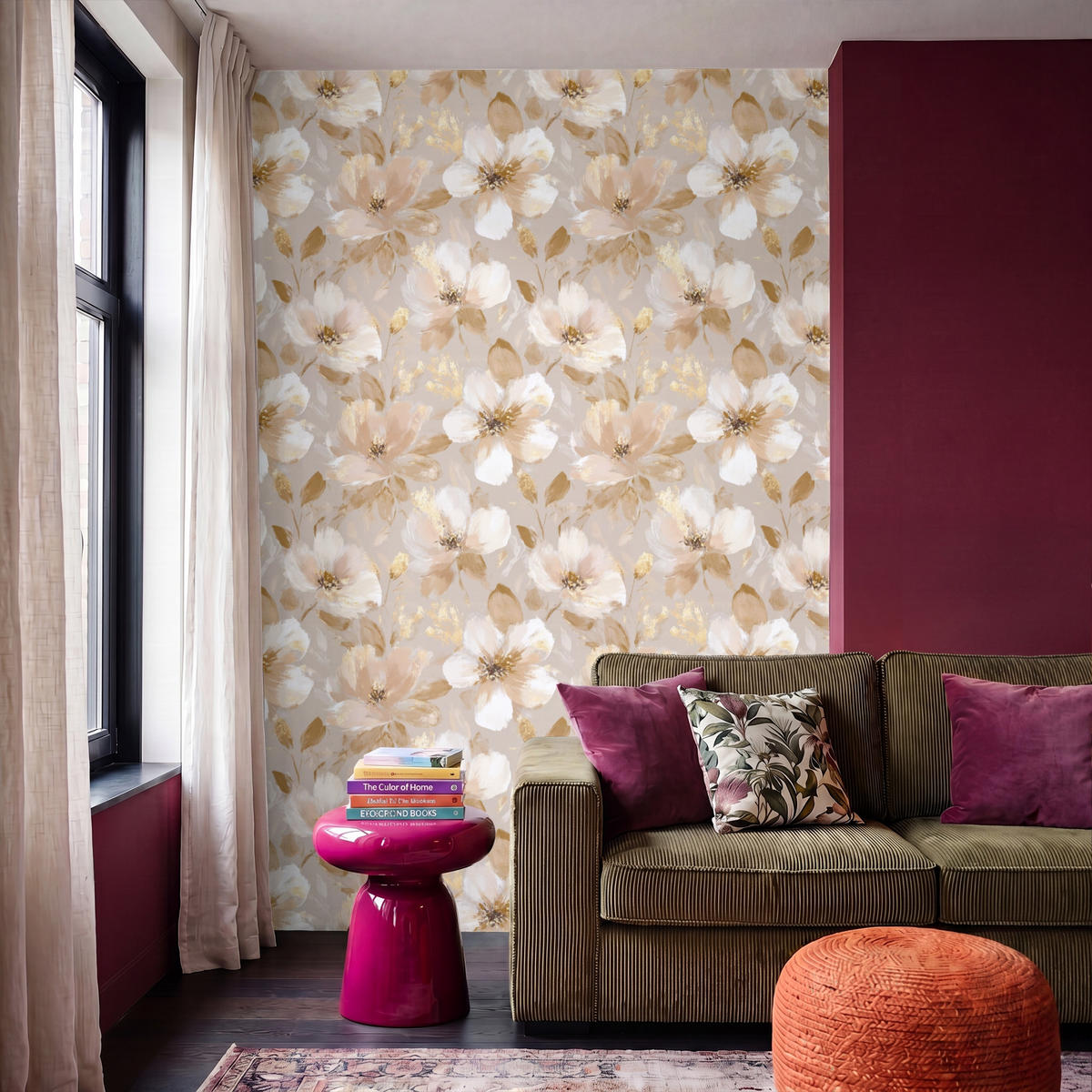 TAPETE - Blumen - künstlerisch - Gold - 200x300 cm - Beige, Papier (200/300cm) - OnlyWow
