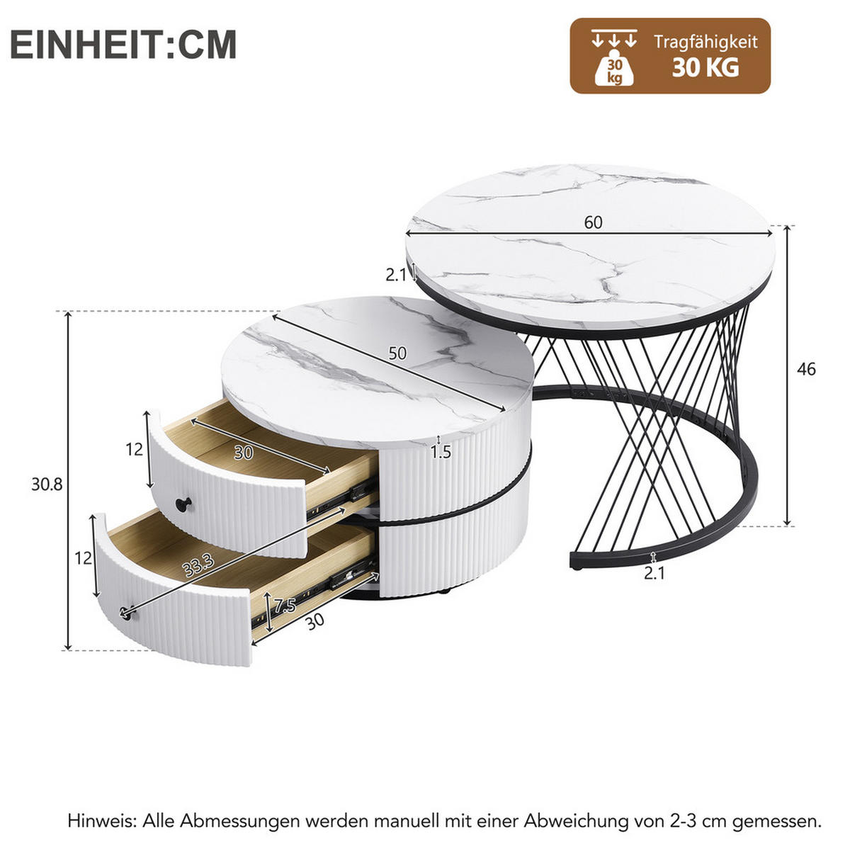 COUCHTISCH Nesting Set 2-tlg Weiß Hochglanz Marmoroptik 2 Schubladen 30kg - Weiß, Holz (68.99/68/41cm) - FLIEKS