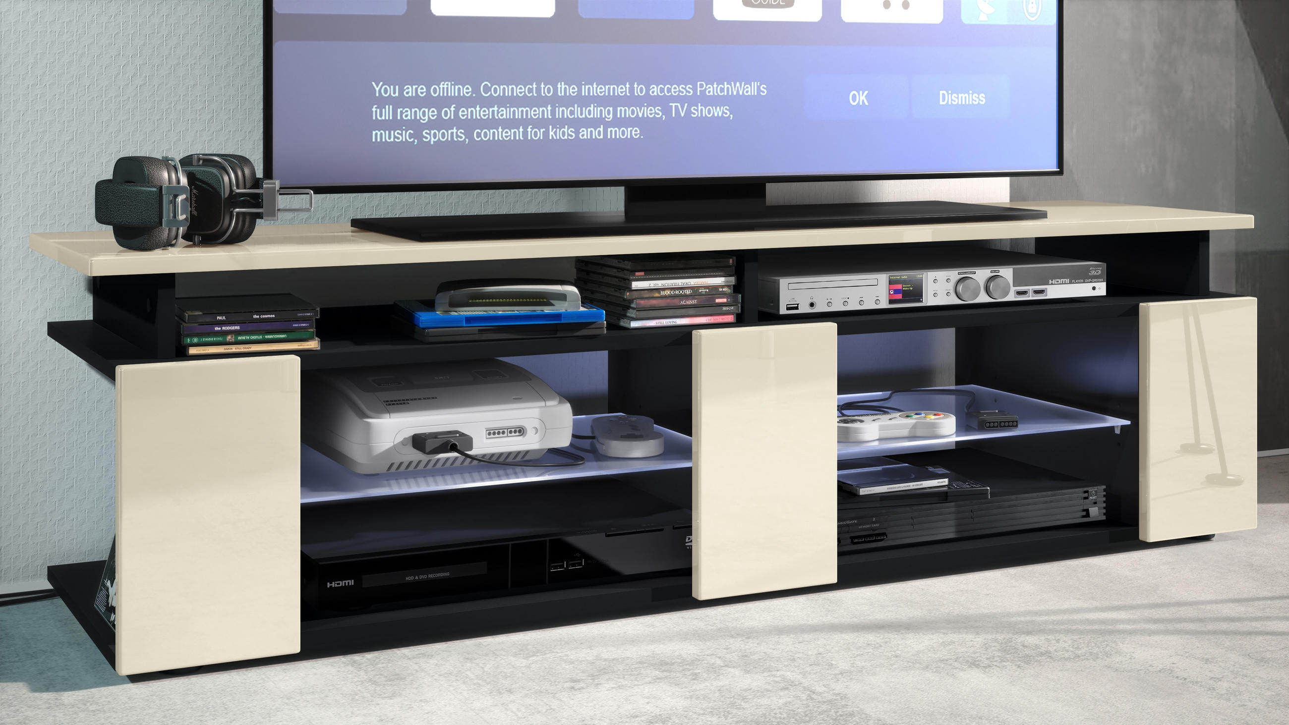 LOWBOARD Movie Fronten und obere Platte des Aufsatzes in Creme Hochglanz - Creme, Holzwerkstoff (138.5/39/39cm) - Vladon