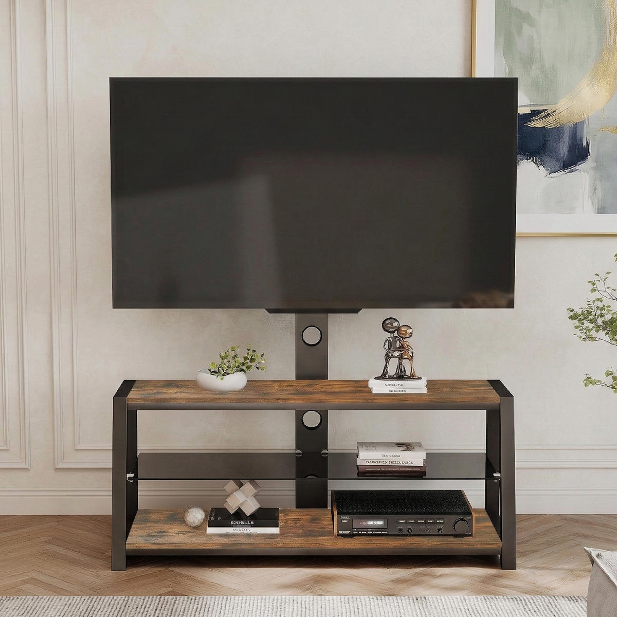 TV stolek 116/42/125 cm z MDF a kovu s nastavitelnou výškou, otočným 30° stojanem a kabelovým vedením, Hnědá - hnědá, kompozitní dřevo (116/125/42cm) - Redom
