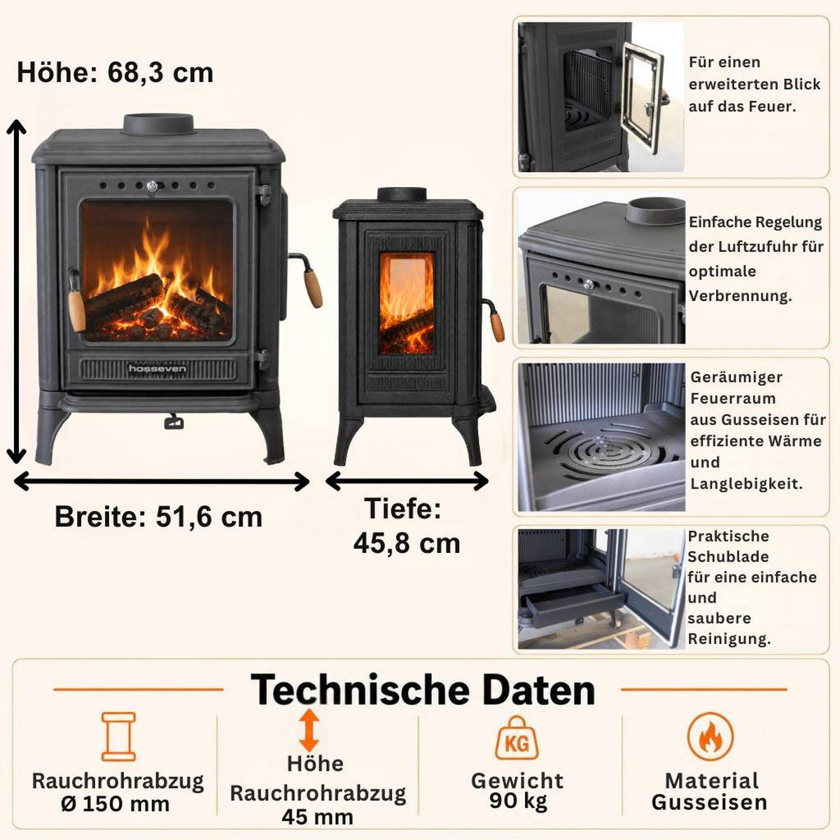 HOSSEVEN Kaminofen Holzofen Wohnzimmer Holzkamin 8005CK Panorama 3 Seiten Glas 7 kW Holz Ofen Kamin Heizofen Schwedenofen Mehrfachbelegung - Schwarz, Metall (59.3/68.3/45.8cm)