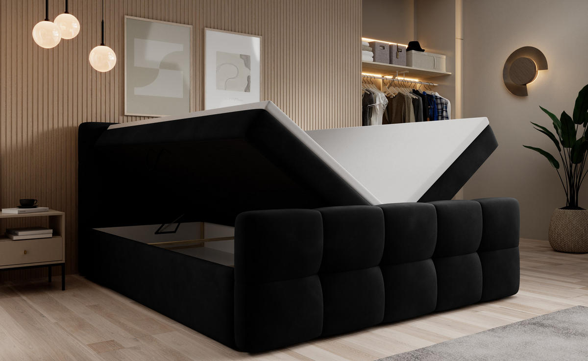 BOXBETT Modena 3 schwarz 200/200 cm mit Bettkasten - Schwarz, Textil (200/200cm) - wonello