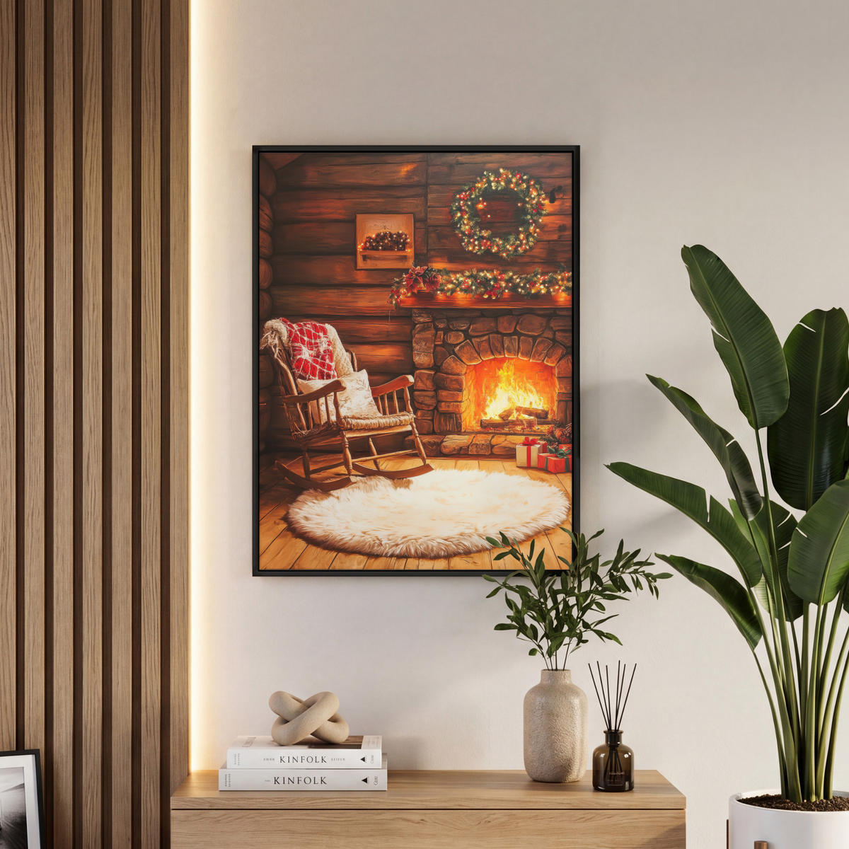 LEINWAND Bilder mit Rahmen - Winter - Weihnachten - Zuhause - Kamin - 60x80 - Bernsteinfarben, Textil (60/80cm) - MuchoWow