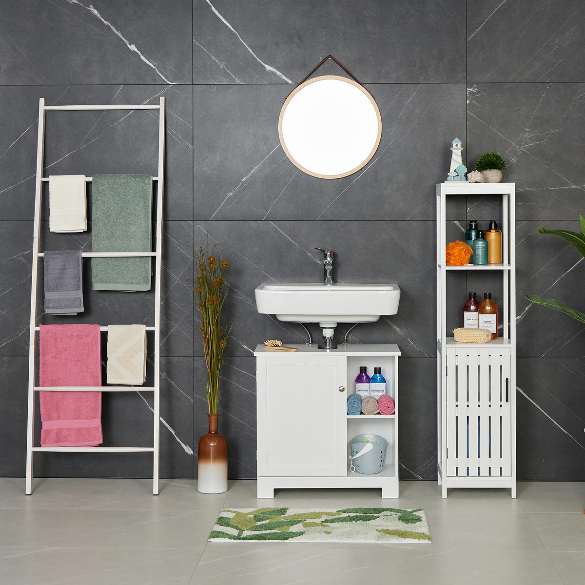 LESTEV Bela iz orehovega lesa za brisače 6 prečk 170 cm - bela, tekstil/les (55/170/4cm) - Relaxdays
