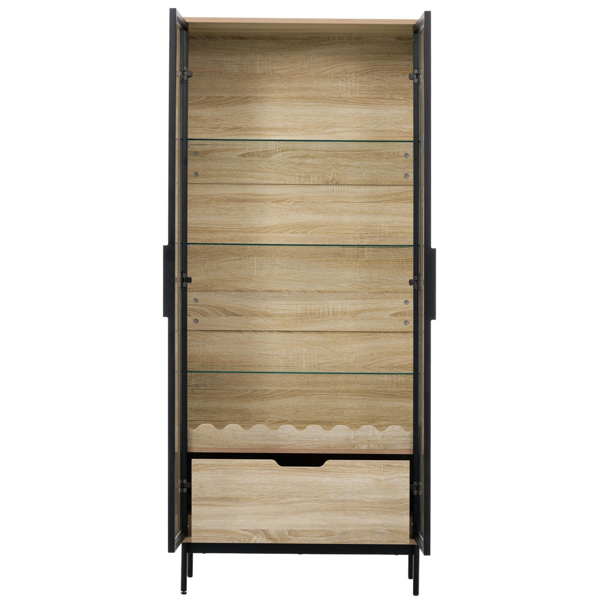 BUFFET mit Glastür und höhenverstellbaren Glasregalen mit Schublade Wellendekor - Transparent/Naturfarben, Glas/Holzwerkstoff (75/170.8/35cm) - EVRYAE