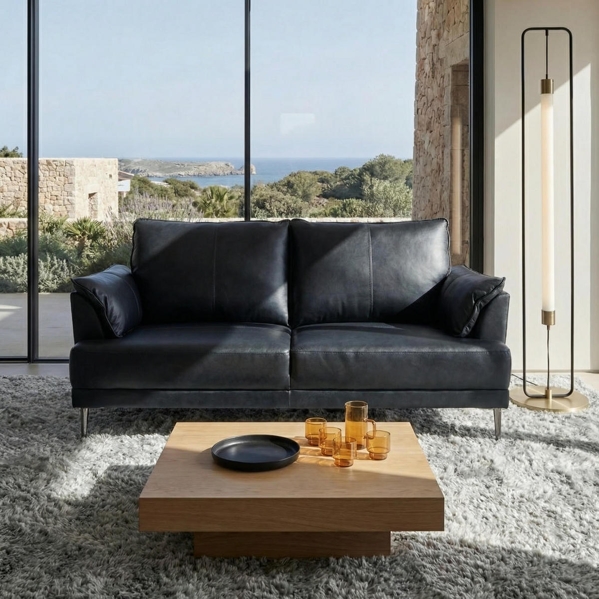 ZWEISITZER-SOFA Echtleder Schwarz - Schwarz, Leder/Metall (160/88/90cm) - Furnhouse