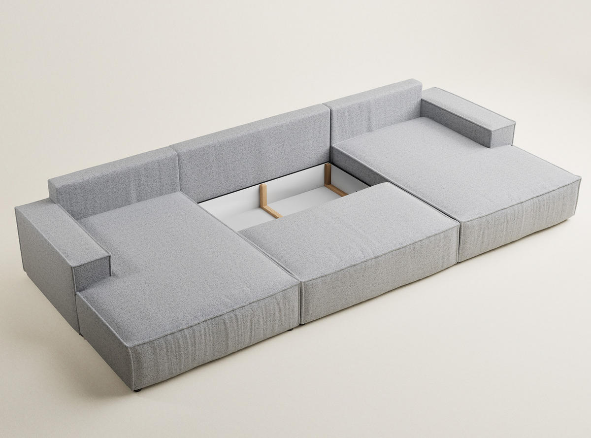 WOHNLANDSCHAFT Kyoto Hellgrau Webstoff - Hellgrau/Schwarz, Holz/Holzwerkstoff (398/70/148cm) - Maison de Reve