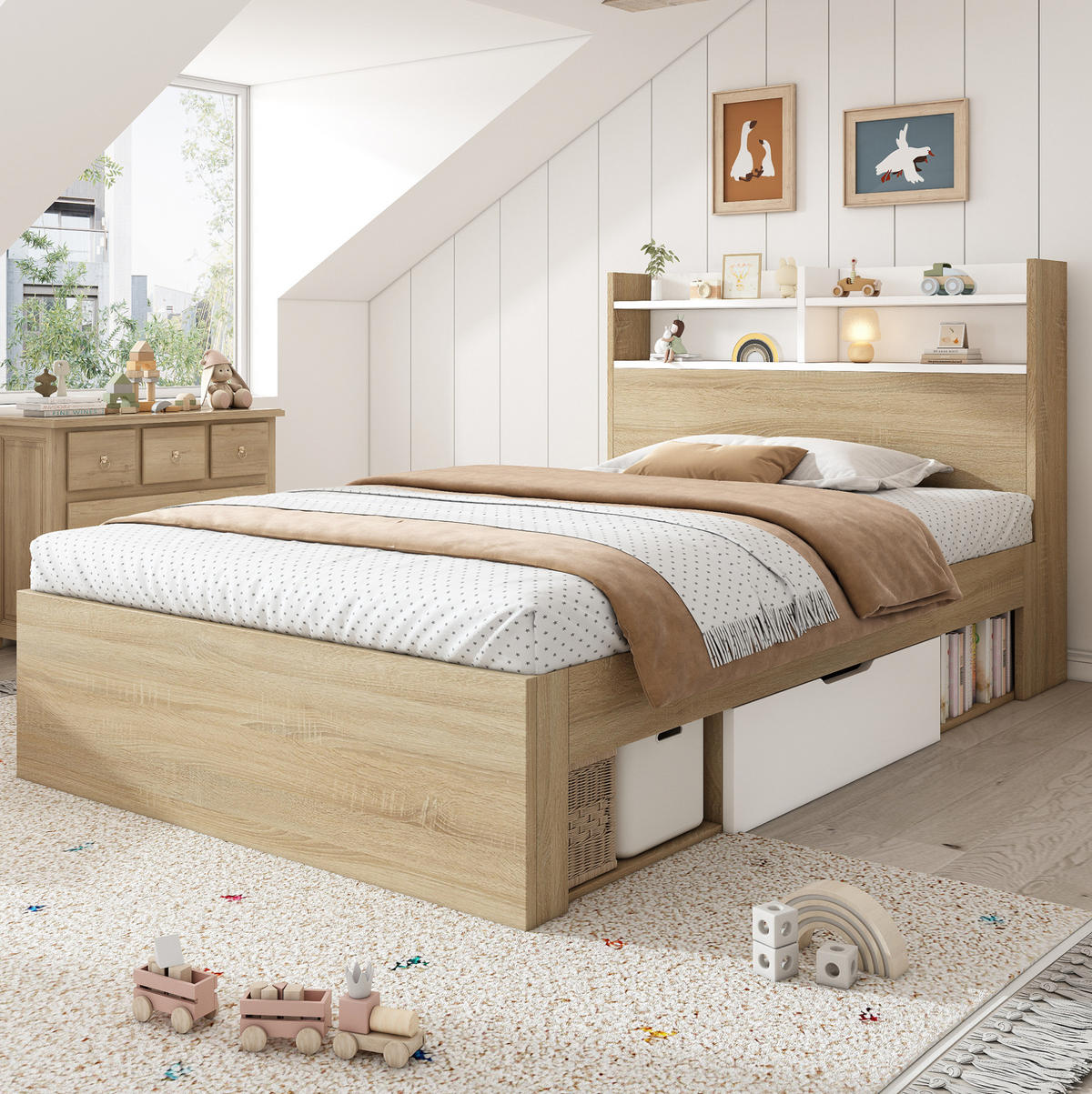 POLSTERBETT 90x200 cm in Eiche mit Matratze & Stauraum - Eichefarben, Holzwerkstoff (90/200cm) - Modfu