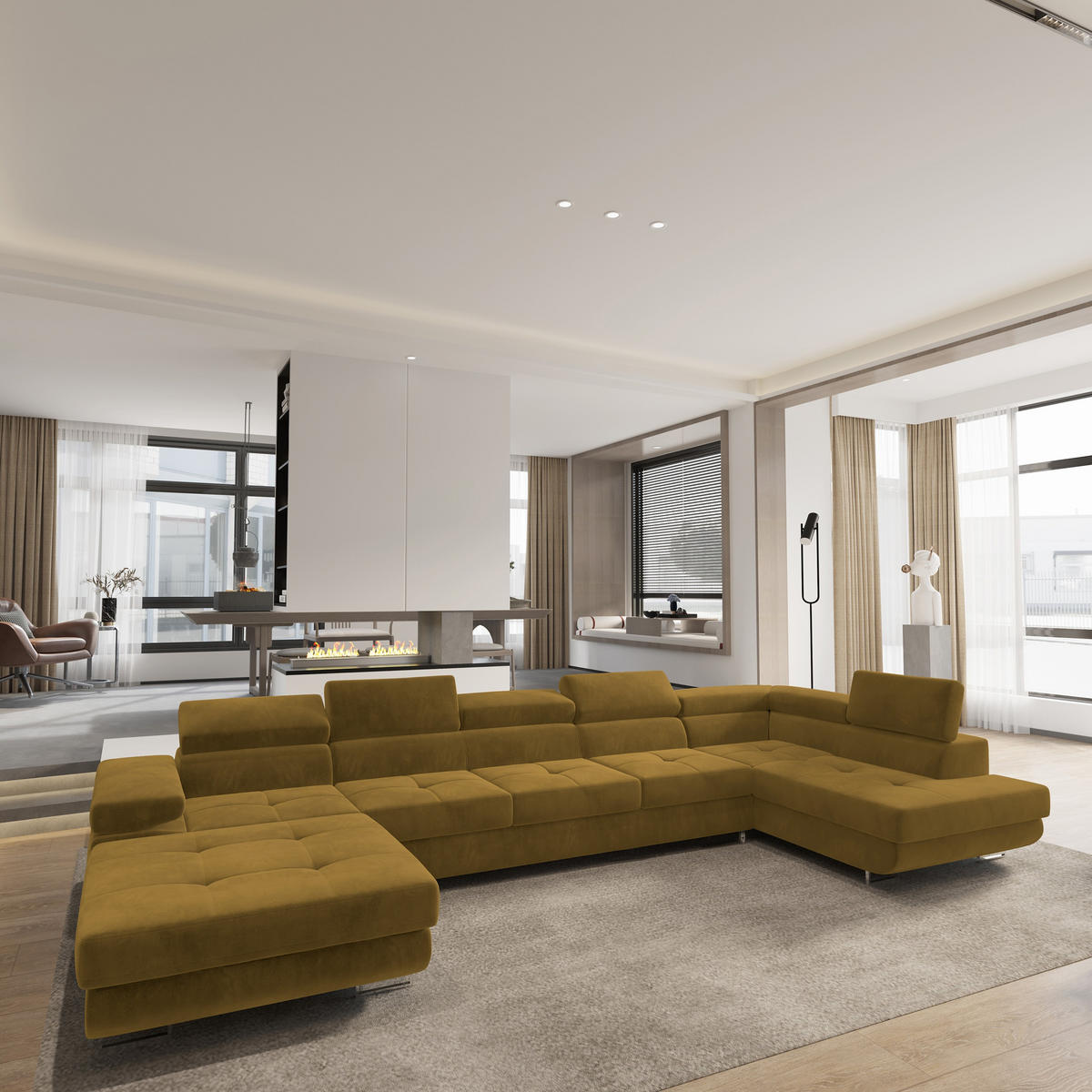 WOHNLANDSCHAFT TORIVA R-S Gelb Velours-Stoff mit Schlaffunktion - Gelb, Holz (418/90/202cm) - MASSENO