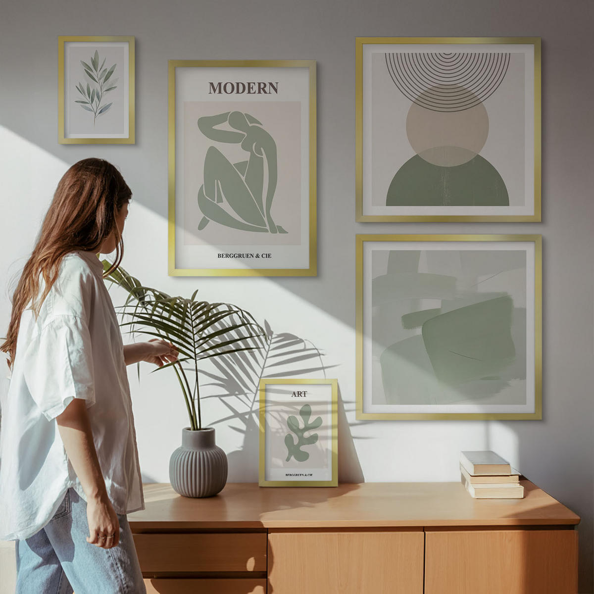 BILDER SET 5er Set - 50x50 cm & 20x30 cm & 40x60 cm Goldrahmen - Stilvolle abstrakte Pflanzengrafiken - Goldfarben, Kunststoff (40/60cm) - TULUP