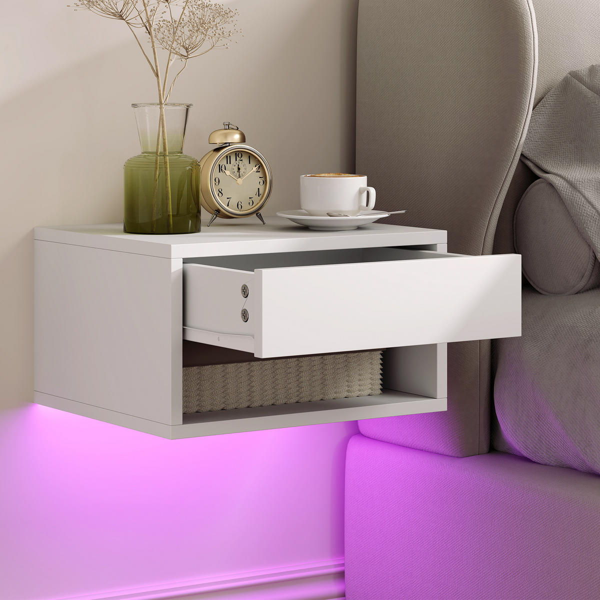 NACHTTISCH 2er-Set DE-09093 mit RGB-LED-Beleuchtung Weiß - Weiß, Holzwerkstoff (32/21/37cm) - ComfortXL