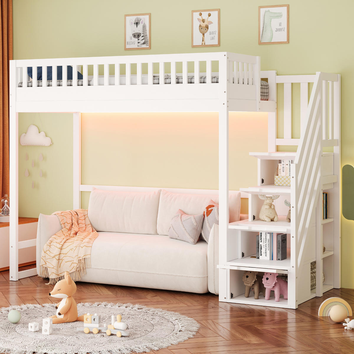 HOCHBETT 90/200 cm weiß aus Holz mit Stauraumtreppe und LED - Weiß, Holzwerkstoff (90/200cm) - OKWISH