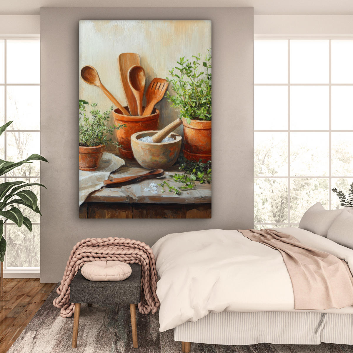 LEINWANDBILD Töpfe - Kräuter - Holz Deko Groß 90x140 cm - Terracotta, Textil (90/140cm) - MuchoWow