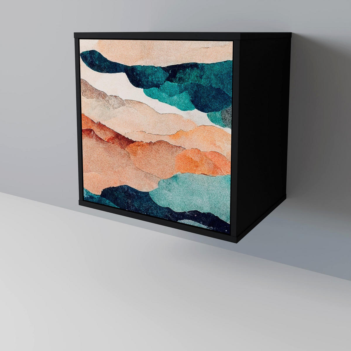 SIDEBOARD ABSTRACT LANDSCAPE, Schwarz, 57,5x42x72,5 cm, Schwarze Metallfüße - Multicolor/Schwarz, Holzwerkstoff/Metall (57.5/72.5/42cm) - SpaceRebels