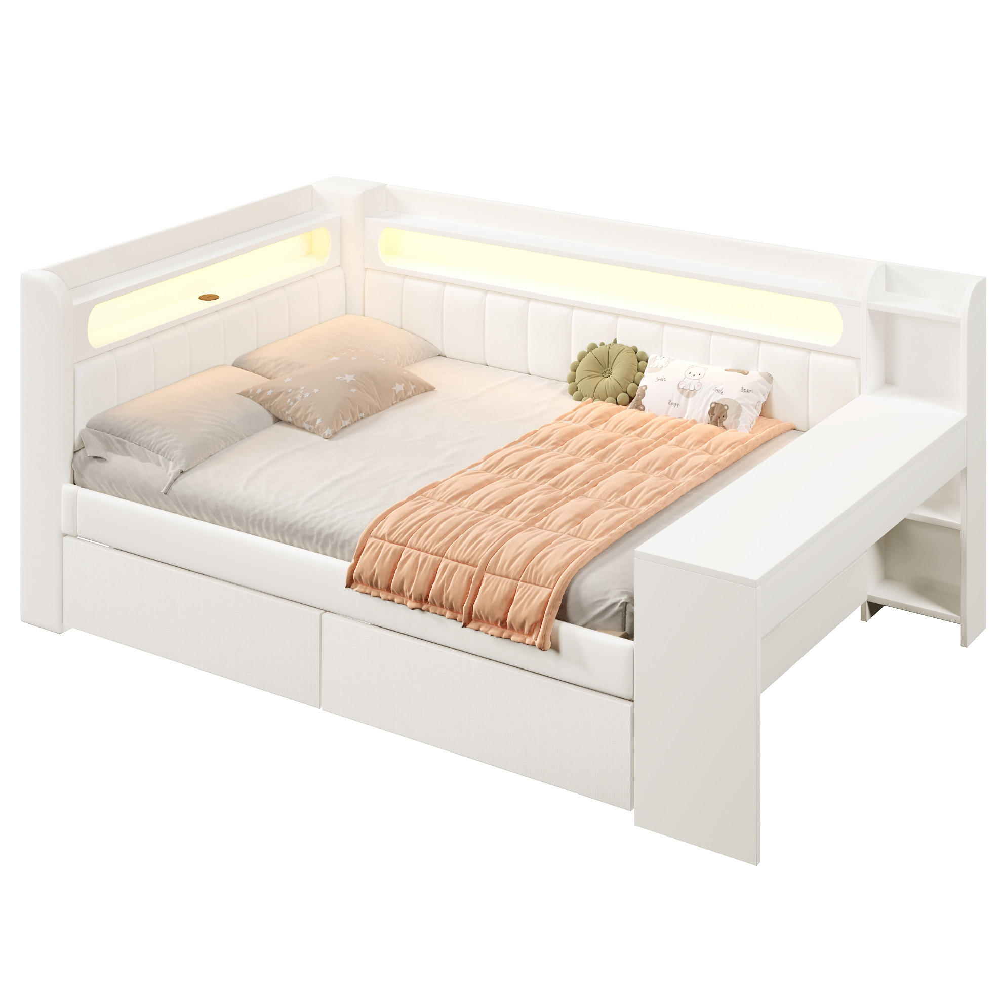 Redom ČALOUNĚNÁ postel 140/200 cm s LED osvětlením, USB, psacím stolem a 2 zásuvkami, Bílá