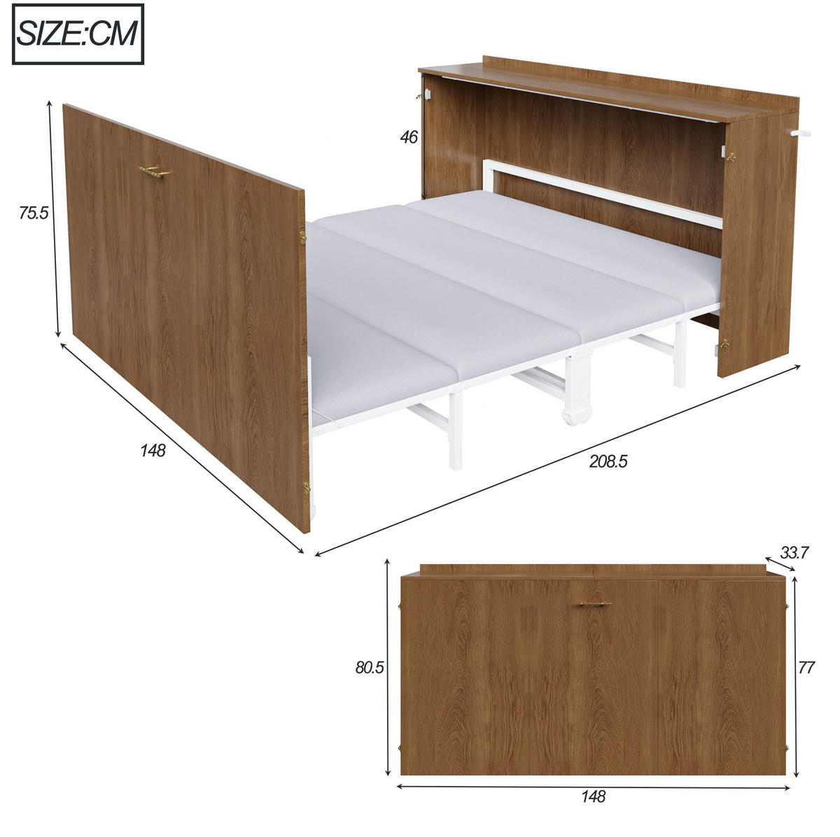 SCHRANKBETT Klappbett 140/200 cm aus Holz und Metall mit Matratze und leisen Rollen Holzfarbe - Naturfarben, Holz (140/200cm) - Modenvie