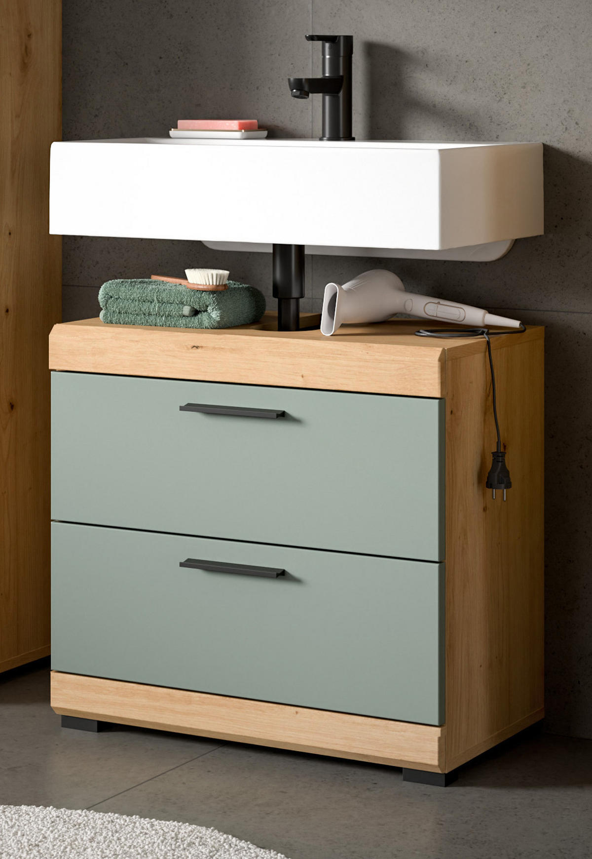 WASCHBECKENUNTERSCHRANK Salbei grün, Eiche Artisan 60 cm mit Schubkästen - Salbeigrün/Schwarz, Holzwerkstoff/Kunststoff (60/56/37cm) - Inn.Furn