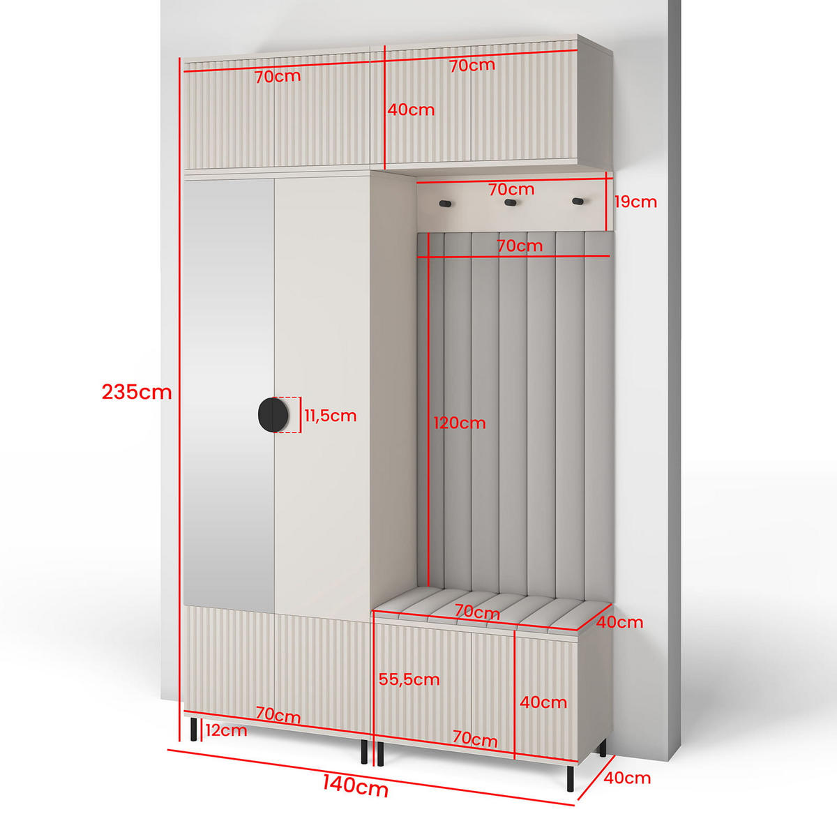 GARDEROBE Ritmo version 2 mit Spiegel, mit POLSTERPANEELEN ROSA - Beige/Rosa, Holzwerkstoff (140/235/40cm) - Jerpax