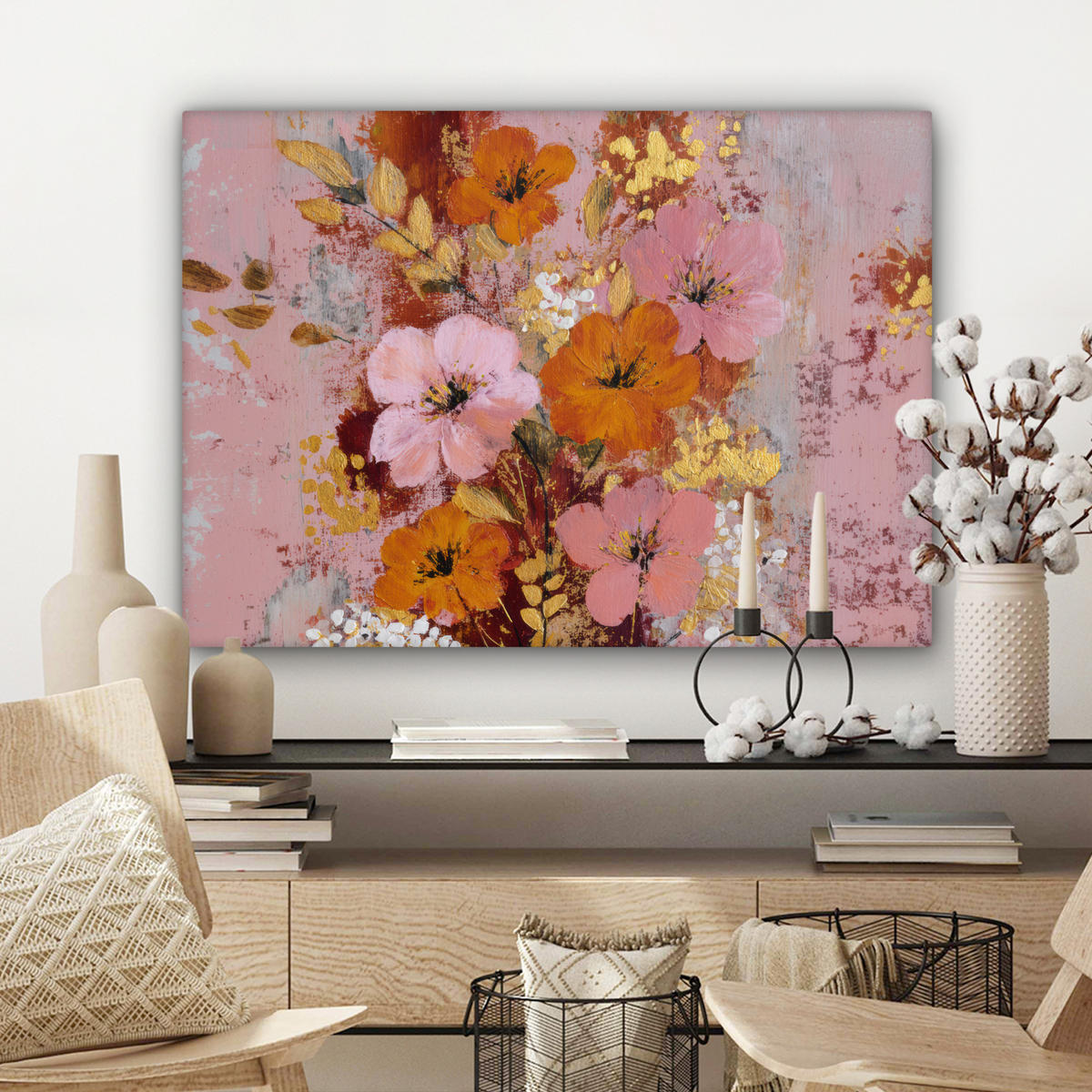 LEINWANDBILD Malerei - Blumen - Rustikal - Rosa Wandbilder 80x60 cm - Altrosa, Textil (80/60cm) - MuchoWow