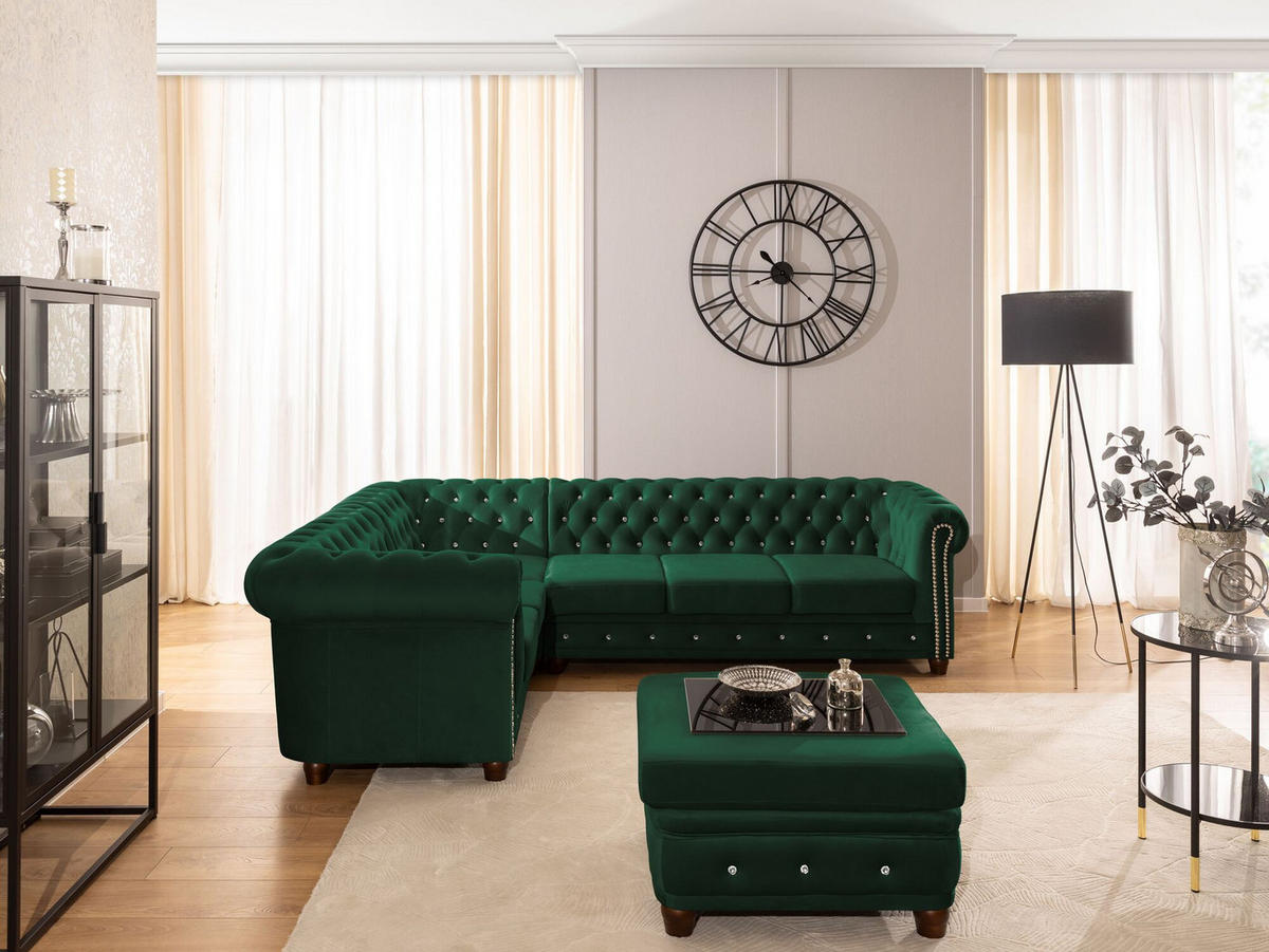 HOCKER Chesterfield Cleo Blink Flasche Grün Samt mit Kristallsteppung und braunen Massivholzfüßen - Braun/Grün, Holz/Textil (75/45/70cm) - S-Style Möbel