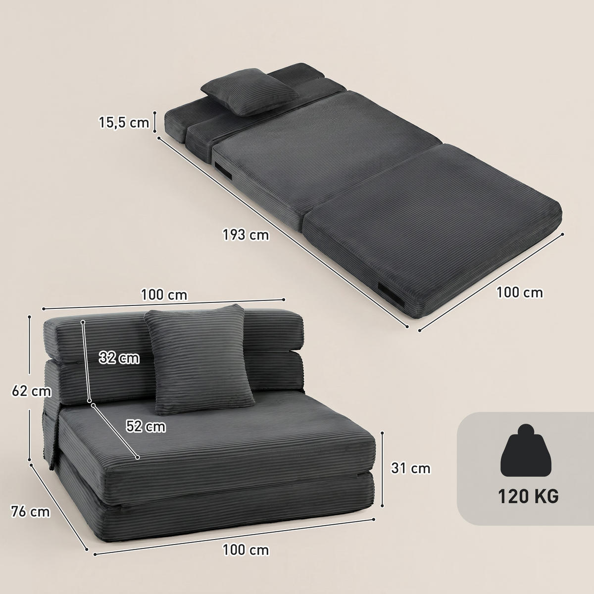 SCHLAFSESSEL Dunkelgrau 100.0/76.0/62.0 cm - Dunkelgrau, Textil (76/62/100cm)