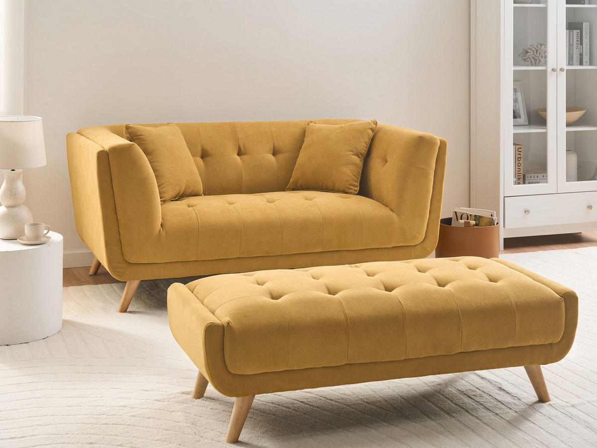 POHOVKA 2-místná Látka Hořčicově žlutá s otomanem Habo - světle hnědá, textil (176/78/72cm) - Beliani