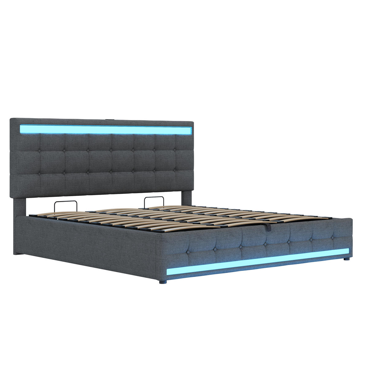 POLSTERBETT aus Leinen 180x200 cm in Grau mit LED-Beleuchtung & USB-Anschlüssen - Grau, Textil (180/200cm) - Modfu