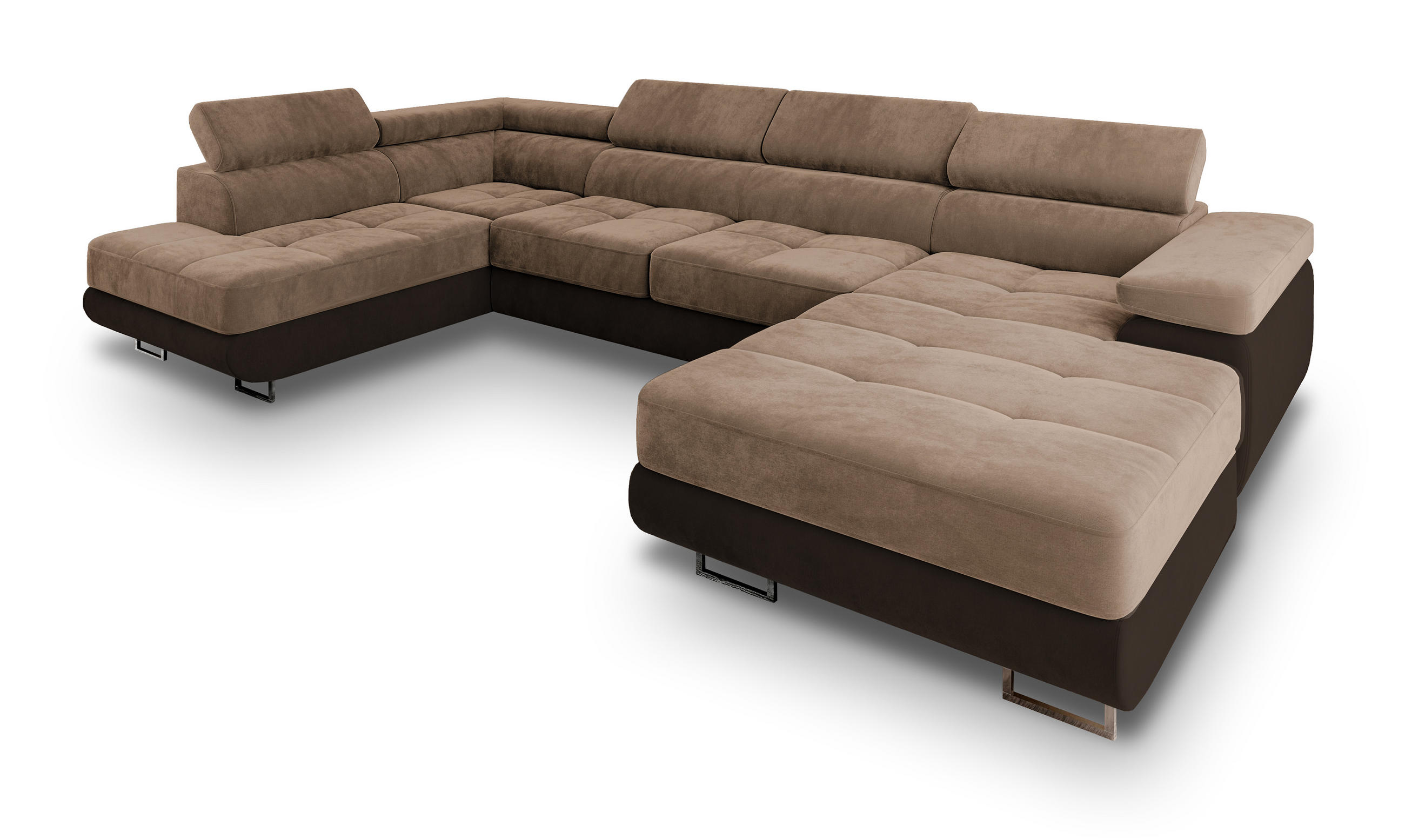 WOHNLANDSCHAFT CASONE L-S Beige Velours-Stoff mit Schlaffunktion - Beige, Holz (345/90/202cm) - MASSENO