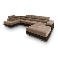 WOHNLANDSCHAFT CASONE L-S Beige Velours-Stoff mit Schlaffunktion - Beige, Holz (345/90/202cm) - MASSENO