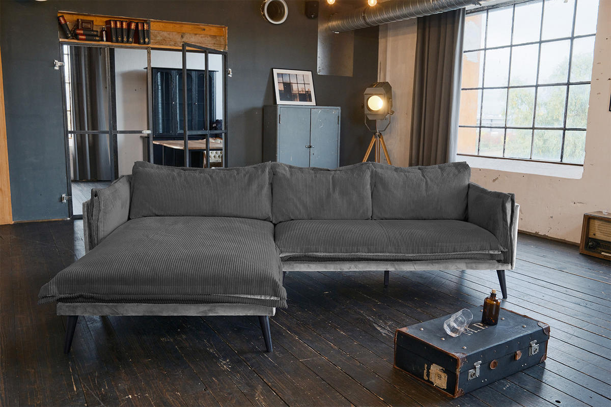 ECKSOFA QUENYA Grau Velvet - Schwarz/Grau, Textil (294/184cm) - KAWOLA