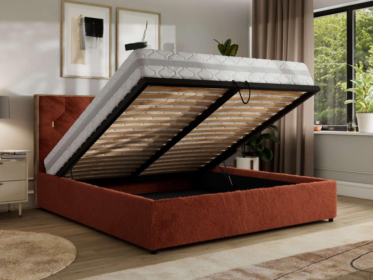 POLSTERBETT LARINO CLASSIC 160/200 - Orange Plüsch - Schaum-Matratze - Orange, Textil (160/200cm) - MKS