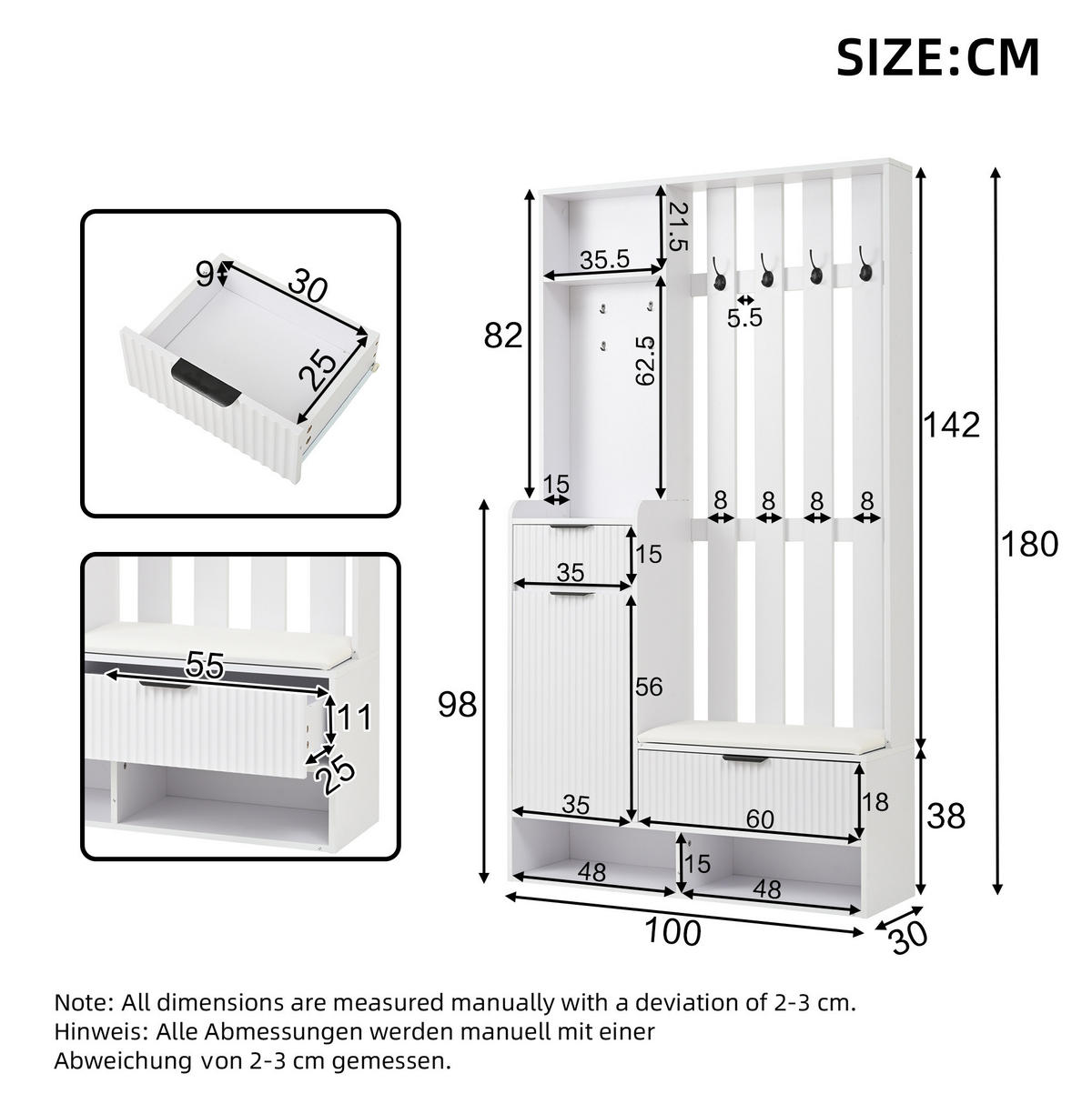 DIELENGARDEROBE 100/30/180 cm mit 8 Haken, Sitzbank und Schuhablage in Weiß - Weiß, Holzwerkstoff (100/180/30cm) - BEAOK