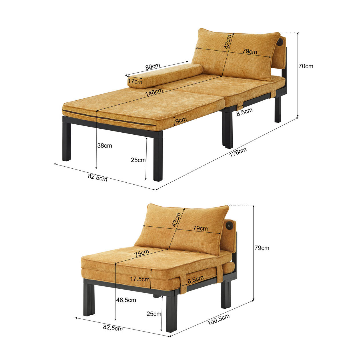 SCHLAFSESSEL ausziehbar mit USB Type-C Samt Gelb - Gelb, Holz (82/79/176cm) - Meubliv