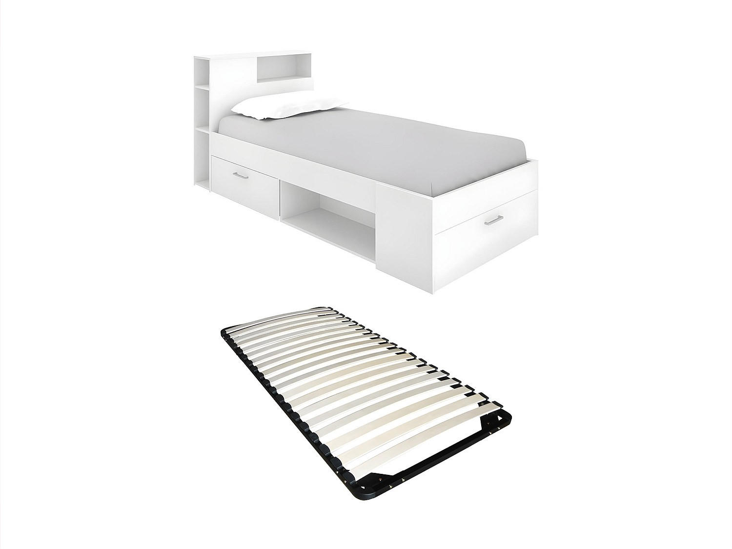 BETT mit Kopfteil, Stauraum & Schublade + Lattenrost - 90 x 190 cm - Weiß - LEANDRE - Weiß, Holz (90/190cm) - Vente-Unique
