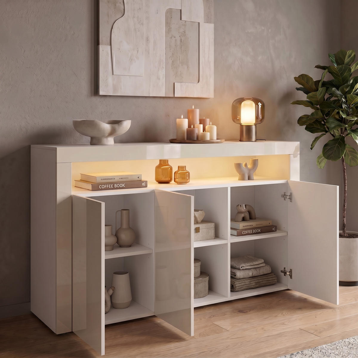 SIDEBOARD Valencia Creme Hochglanz / Creme Hochglanz - Creme, Holzwerkstoff (155/92/40cm) - Vladon
