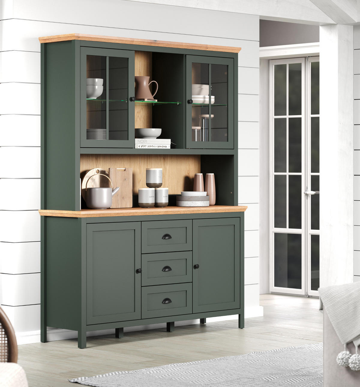 BUFFETSCHRANK grün, Evoke Eiche Landhaus 146 x 198 cm, Vitrine inklusive LED - Eichefarben/Schwarz, Glas/Holzwerkstoff (45/198/146cm) - Top.Furn