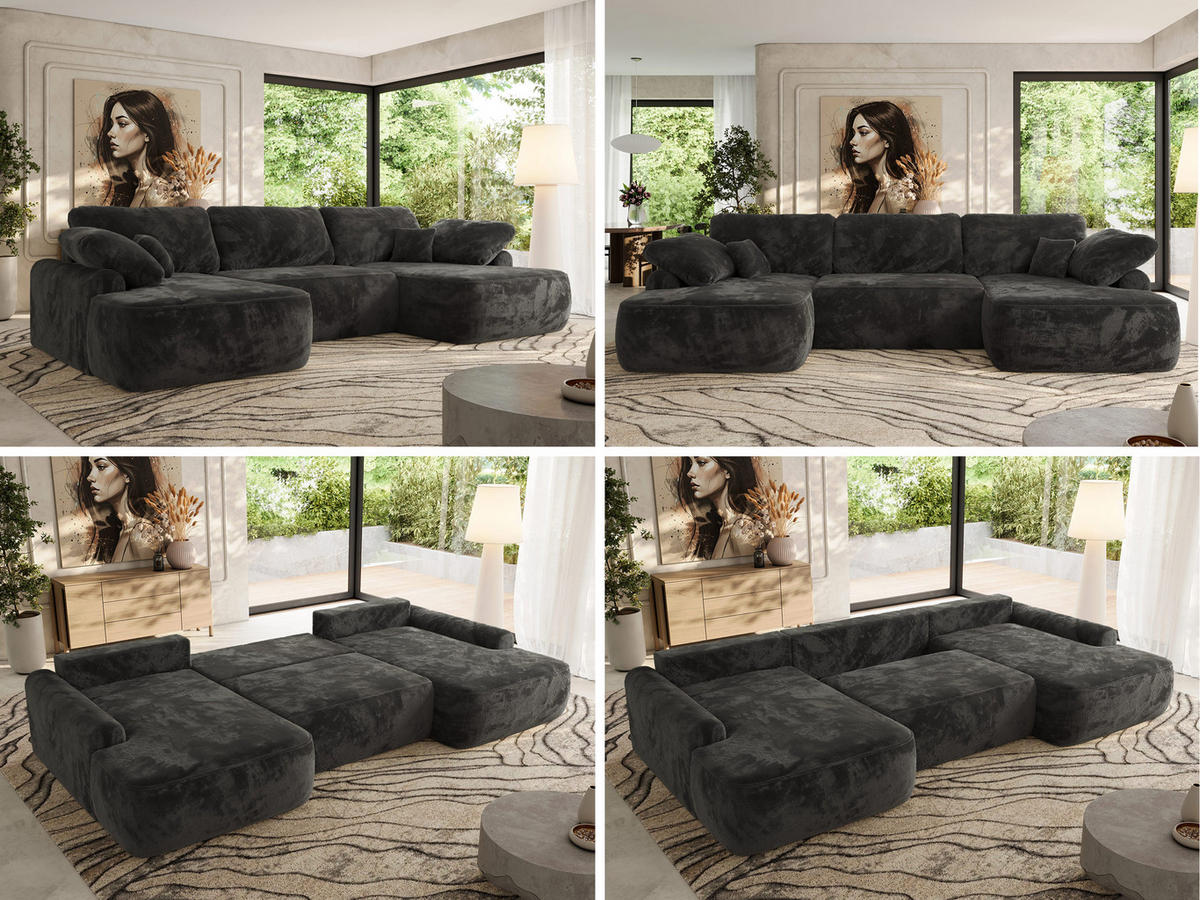 WOHNLANDSCHAFT CUBO U Dunkelgrau Plüsch - Dunkelgrau/Schwarz, Kunststoff/Textil (370/100/187cm) - MKS