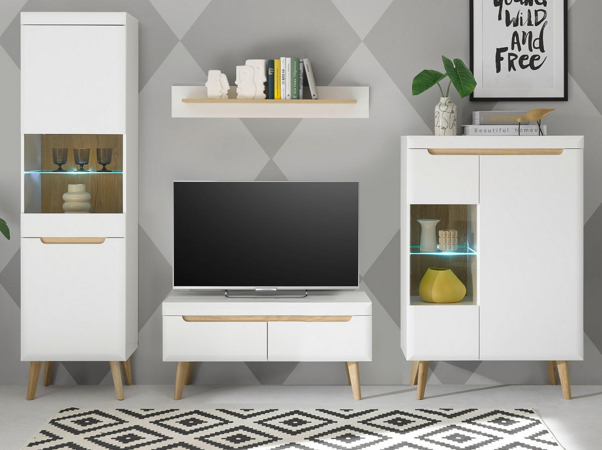 WOHNWAND 4-teilig weiß matt, Eiche, skandinavisch 290 cm, Wohnkombination mit Soft-Close-Funktion - Eichefarben/Weiß, Glas/Holz (290/197/40cm) - Furn.Design