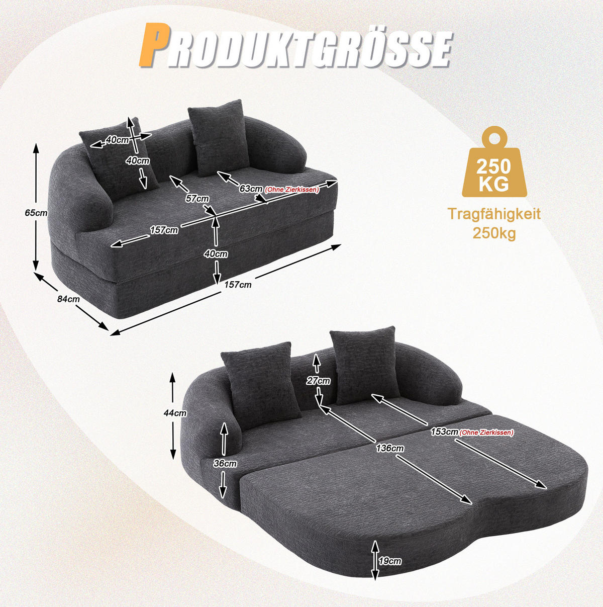 SOFA 2-in-1 mit Schlaffunktion 157 cm Chenille Dunkelgrau - Dunkelgrau, Kunststoff (84/65/157cm) - Meubliv