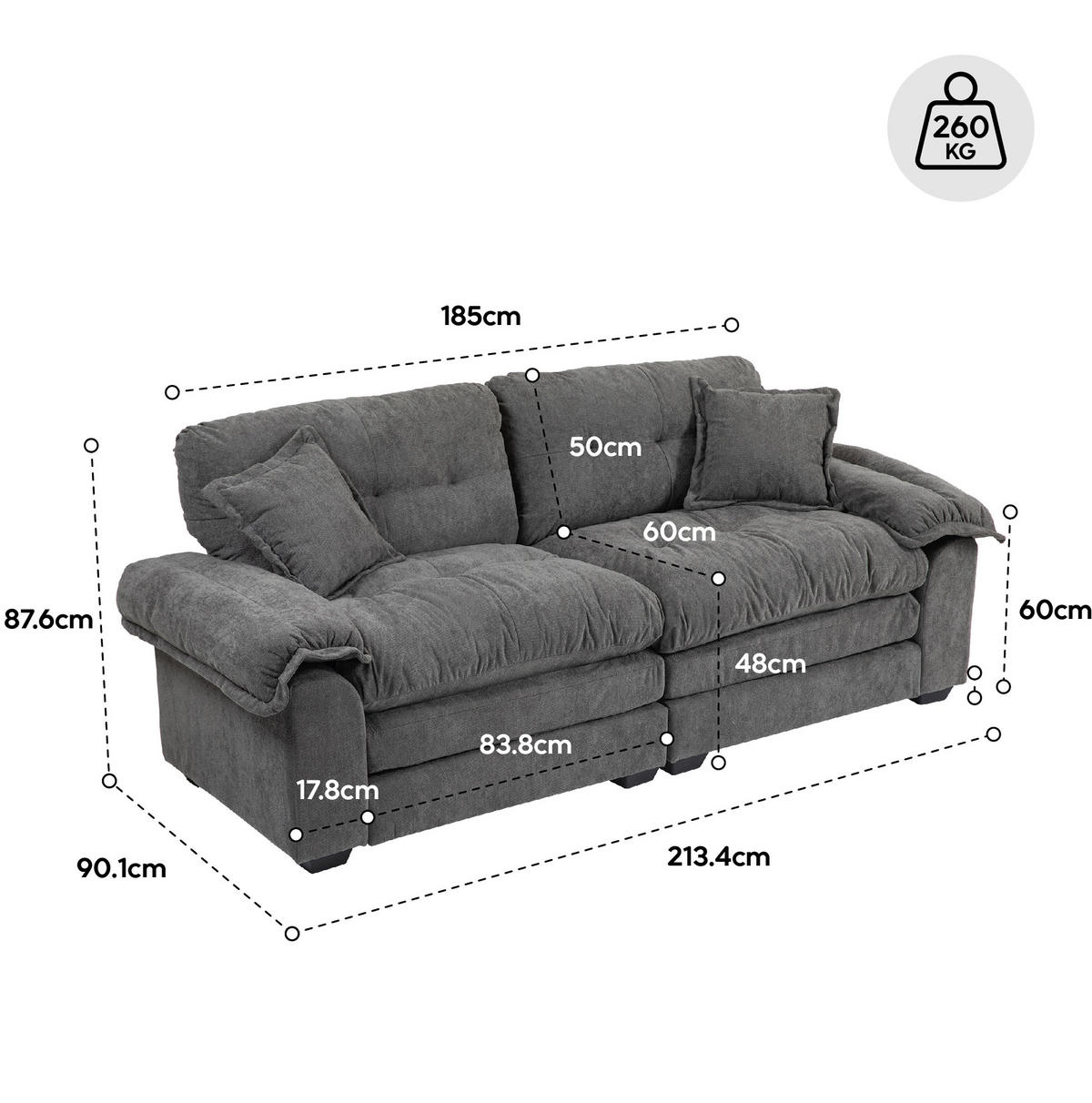 2-SITZER Sofa Chenille mit tiefem Sitz, Memory-Schaum 213,4/90,1/87,6 cm Schwarz - Schwarz, Textil (90.1/87.6/213.4cm) - Redom