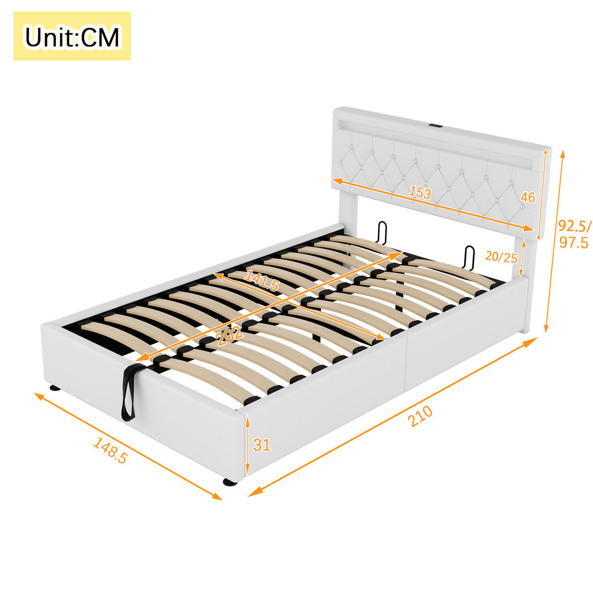 FLACHBETT 140x200cm Weiß gepolstert LED Hydraulik USB-C Stauraum - Weiß, Holz (140/200cm) - FLIEKS