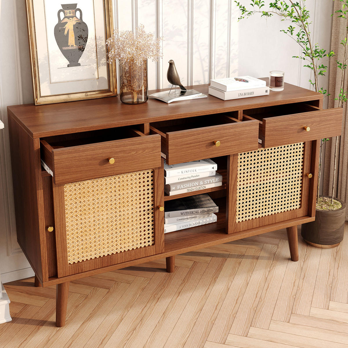 SIDEBOARD 120x40x78 cm, 3 Schubladen, Schiebetüren, Nussbaum - Kastanienfarben, Holz (120/78/40cm)