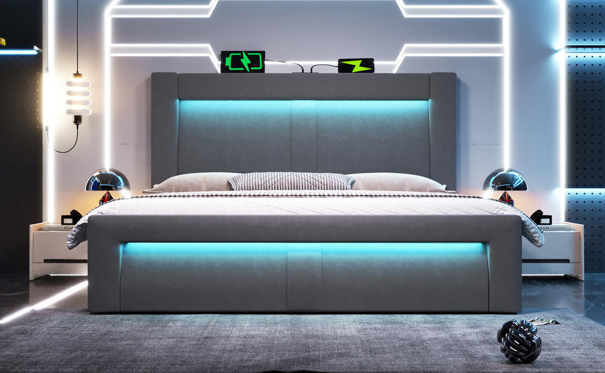 POLSTERBETT 140/200 cm mit Bettkasten, Matratze, LED-Beleuchtung, USB- und Type-C-Anschluss, Samtbezug, Grau - Grau, Textil (140/200cm) - Redom
