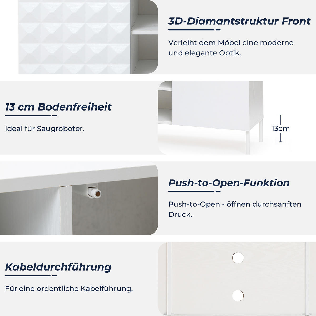 TV Lowboard Holz Weiß, Modernes TV Schrank für Fernseher bis zu 65 Zoll, 140 × 40 × 50 cm - Weiß, Holzwerkstoff/Metall (140/50/40cm) - Hometopia