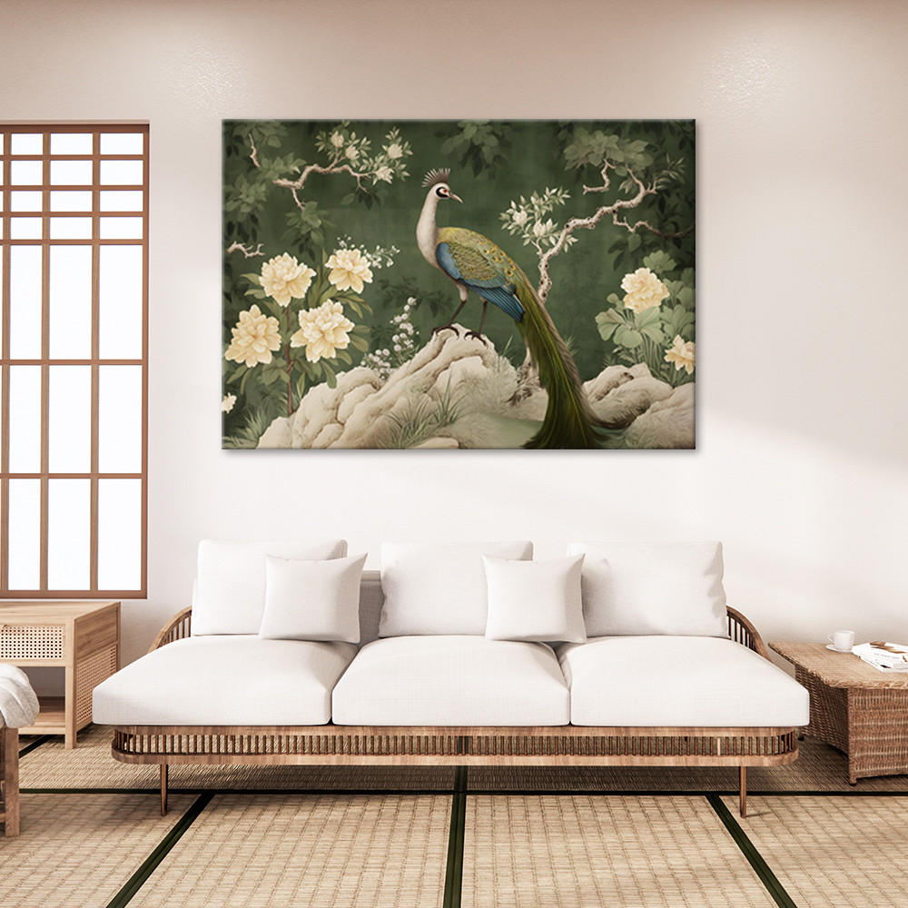 LEINWANDBILD Orientalischer Pfau grün 120x80cm - Grün, Textil (120/80cm) - Feeby