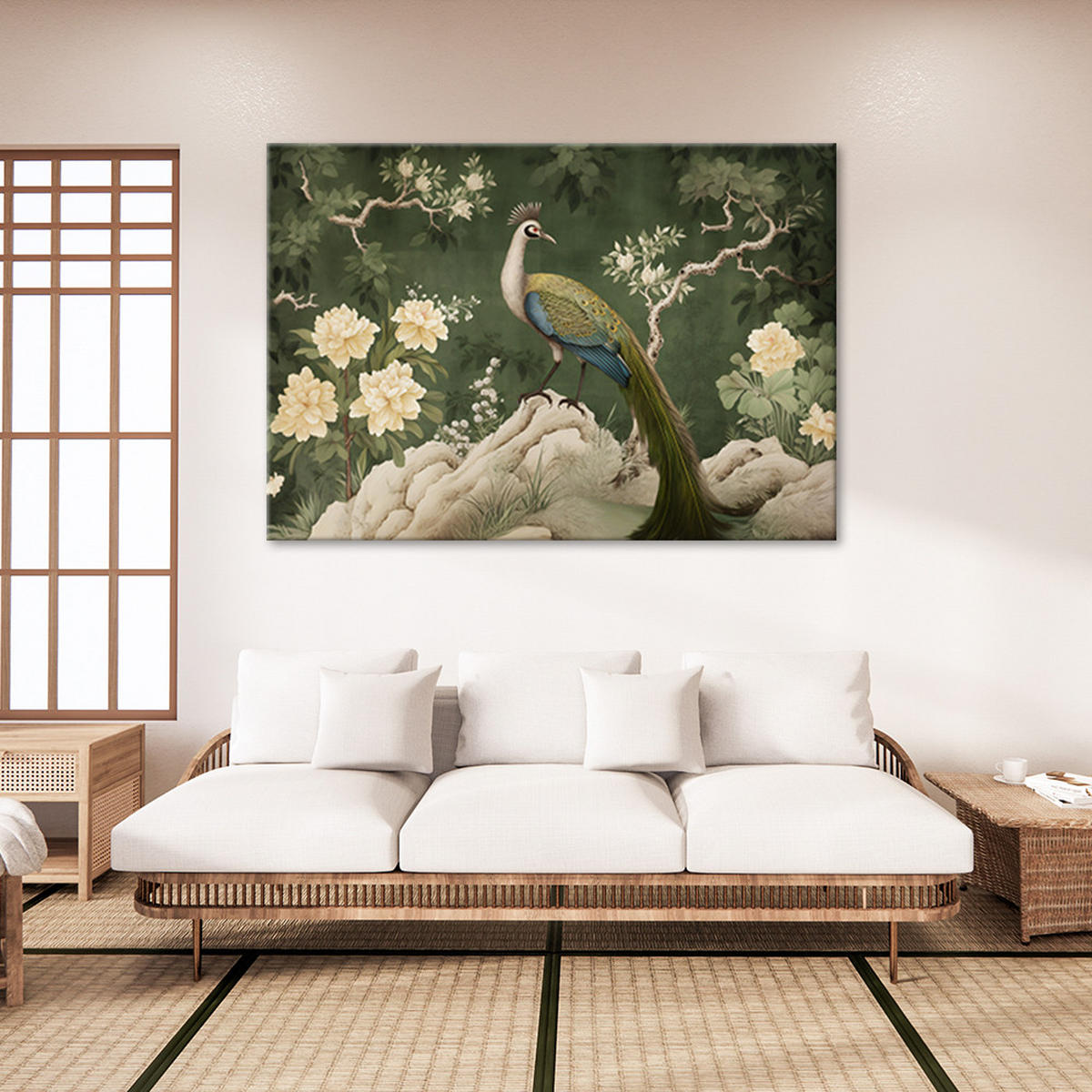 LEINWANDBILD Orientalischer Pfau grün 90x60cm - Grün, Textil (90/60cm) - Feeby