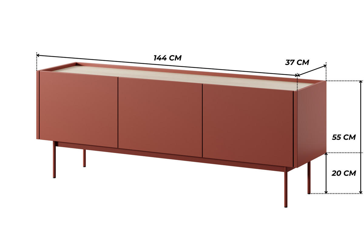 MODERNES TV-Board LUMO RTV3D (Ceramic Red, Eiche Linea, Metallfüße, Soft-Close) - Eichefarben/Rot, Holz/Holzwerkstoff (144/55/37cm) - Ravio