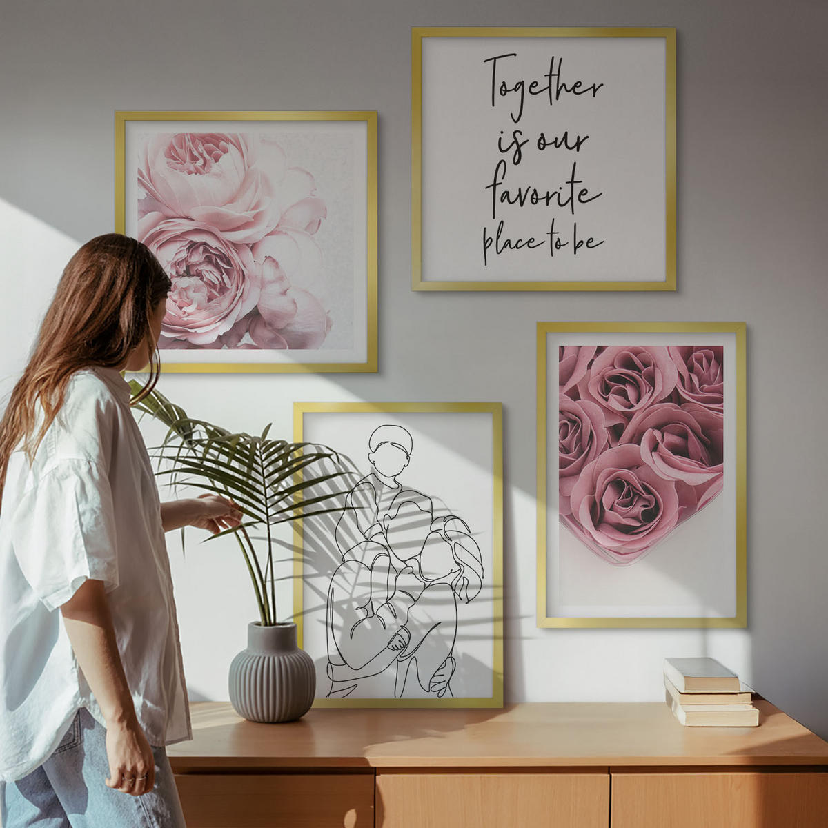 BILDER SET 4er Set - 50x50 cm & 40x60 cm Goldrahmen - Rosensträuße als Familienzeichnung - Goldfarben, Kunststoff (50/50cm) - TULUP