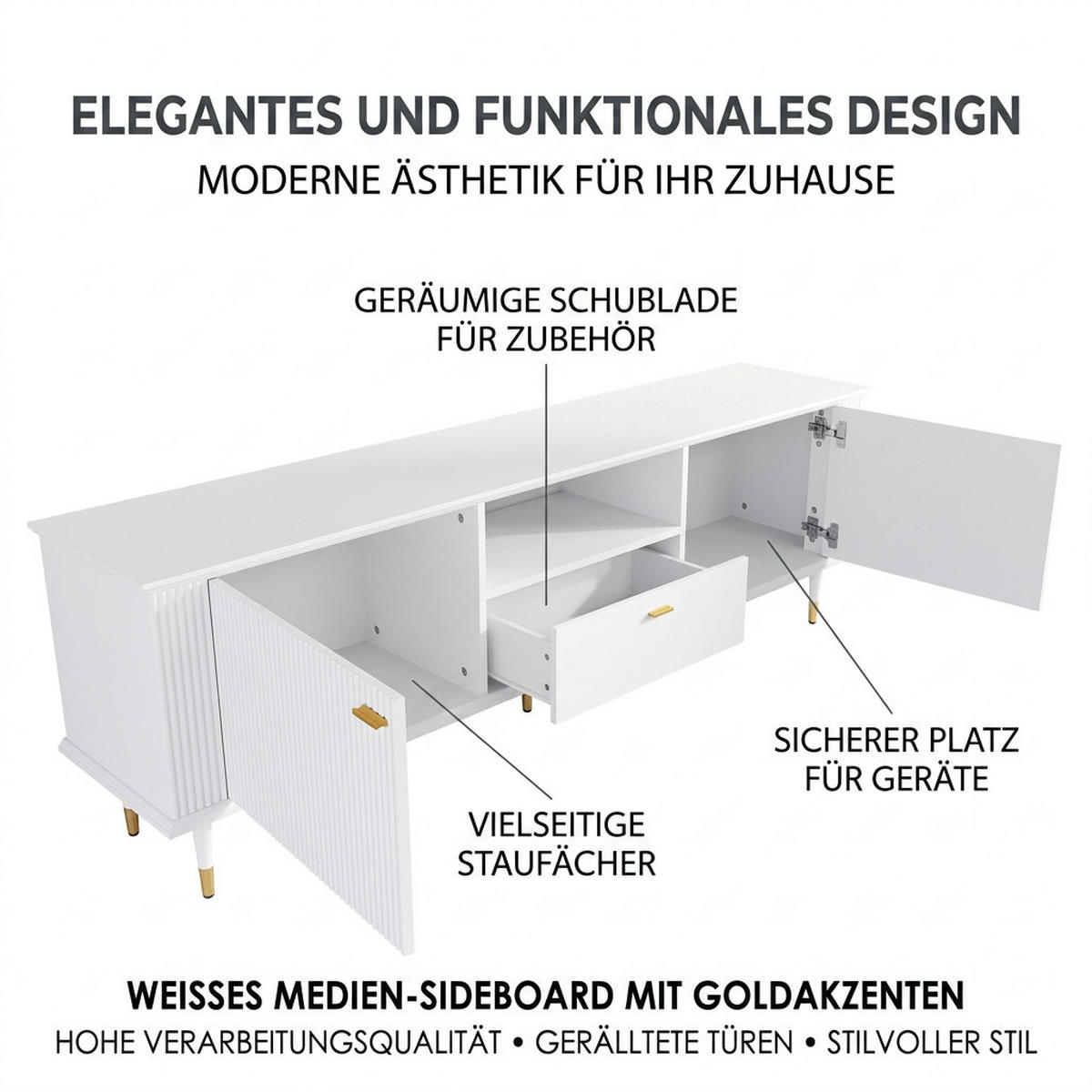 TV-SCHRANK 170/36/54 cm Weiß Gold mit 1 Schublade und 2 Türen - Goldfarben/Weiß, Holzwerkstoff/Metall (170/54/36cm) - Oxeza