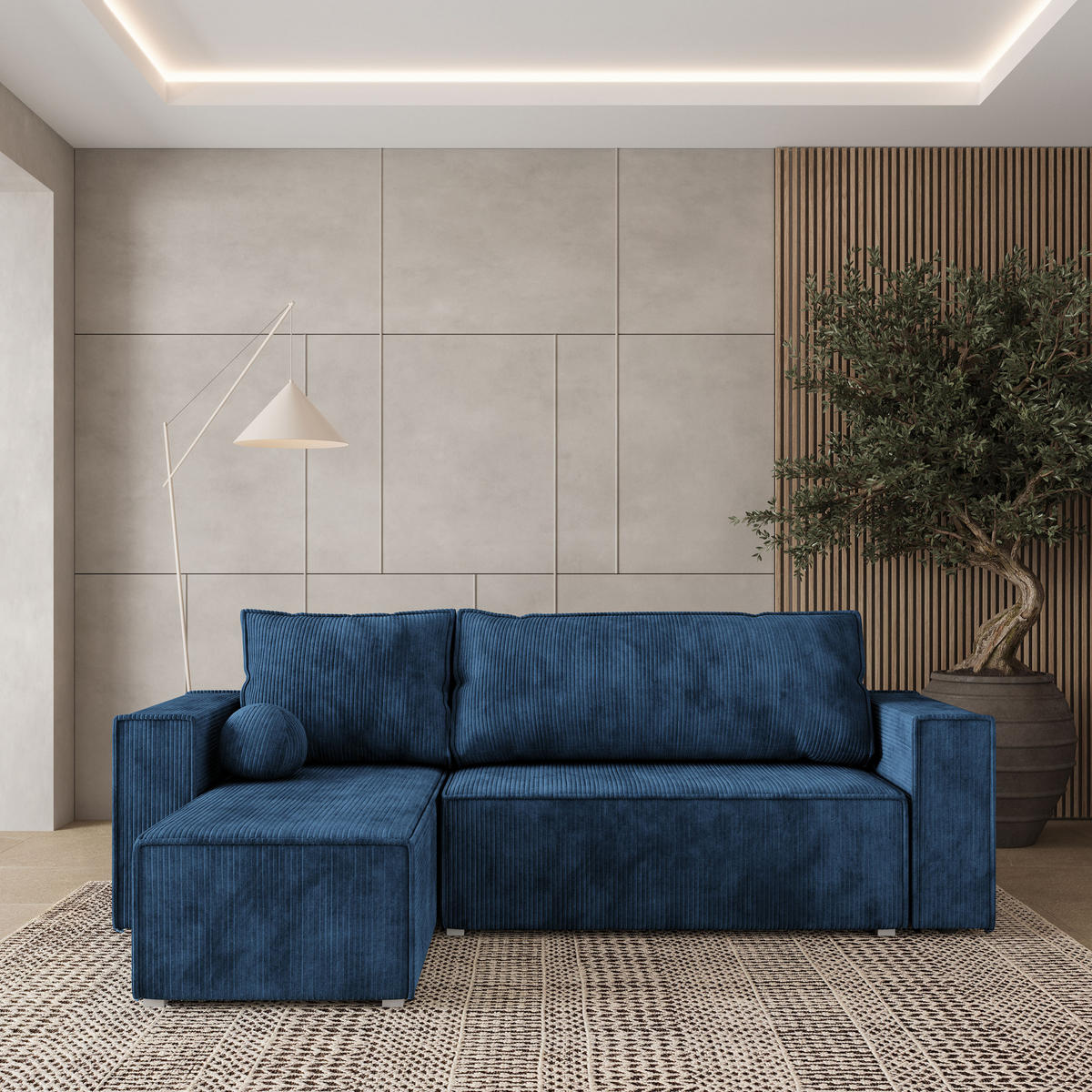 ROHOVÁ SEDAČKA RAVELO modrá - šedá/modrá, dřevo/textil (240/140cm) - MASSENO